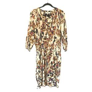 Tibi Abstract Animal Print Silk Dress Elastic Waist 3/4 Sleeves Size 6 Cream